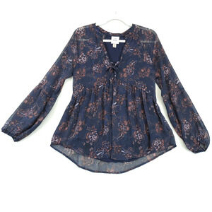 Knox Rose Babydoll Top Women XS Peasant Sleeve Front Lace Up Lined Floral Blue